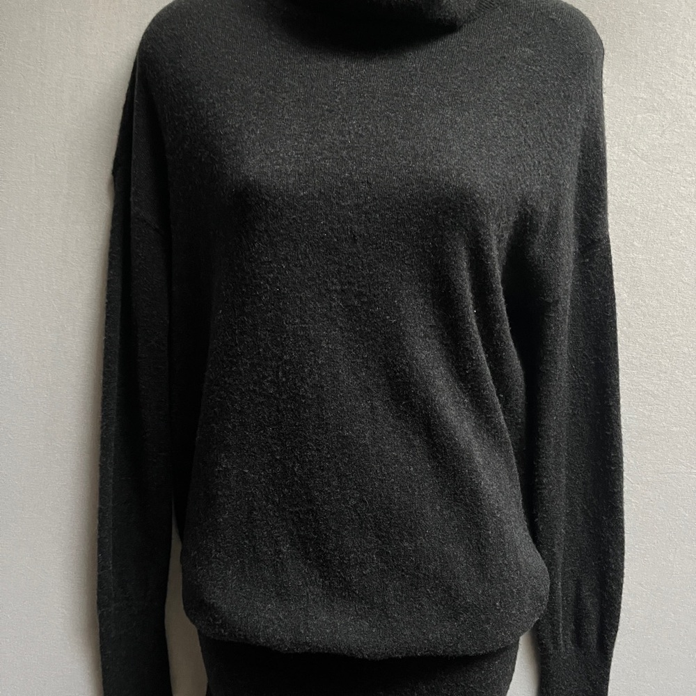 AllSaints Hava Black Wool Cashmere Asymmetrical Ruffle Turtleneck Dress Size S - Picture 4 of 10